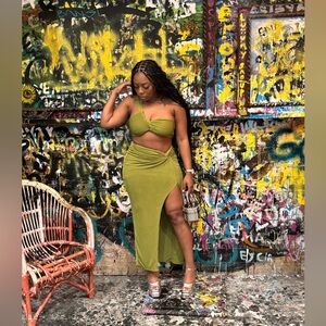 Green One-Shoulder Crop Top and Skirt Set